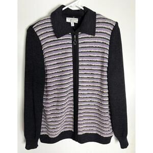 St John Sport By Marie Gray Zippered Pink & Black Striped Sweater Size Small